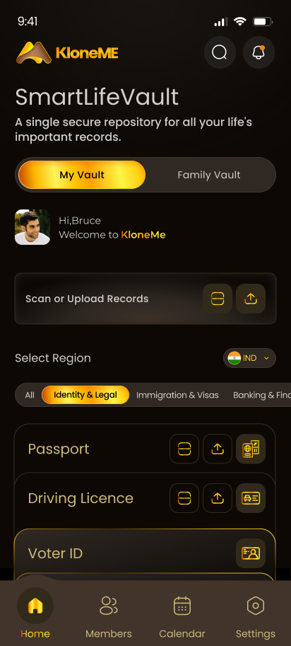 The KloneME My Vault screen: SmartLifeVault with a My Vault and Family Vault toggle, scan or upload records, region selector, category filters, and Passport, Driving Licence and Voter ID entries