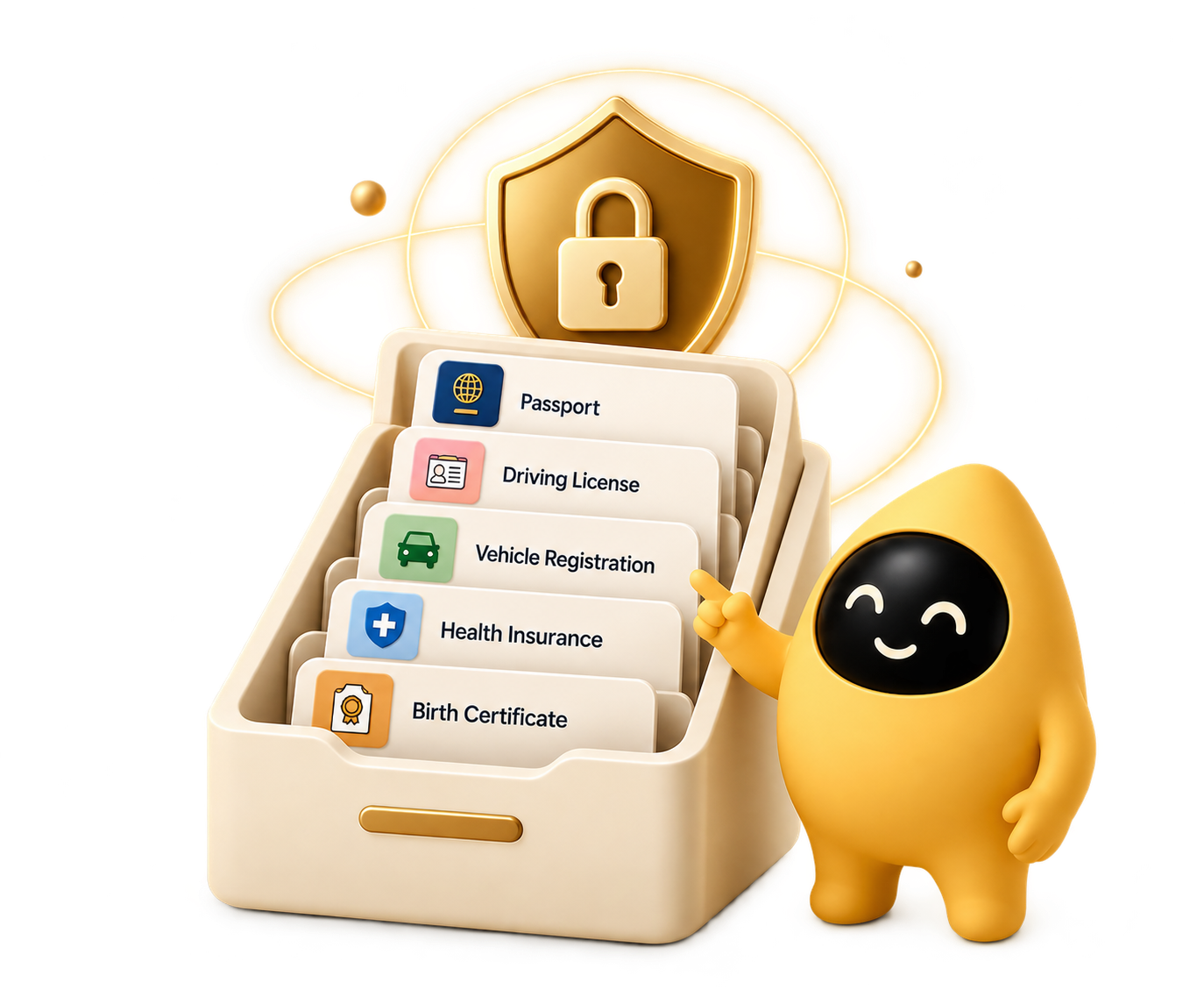 SmartLifeVault holding documents, protected by a shield, with Klo standing beside it